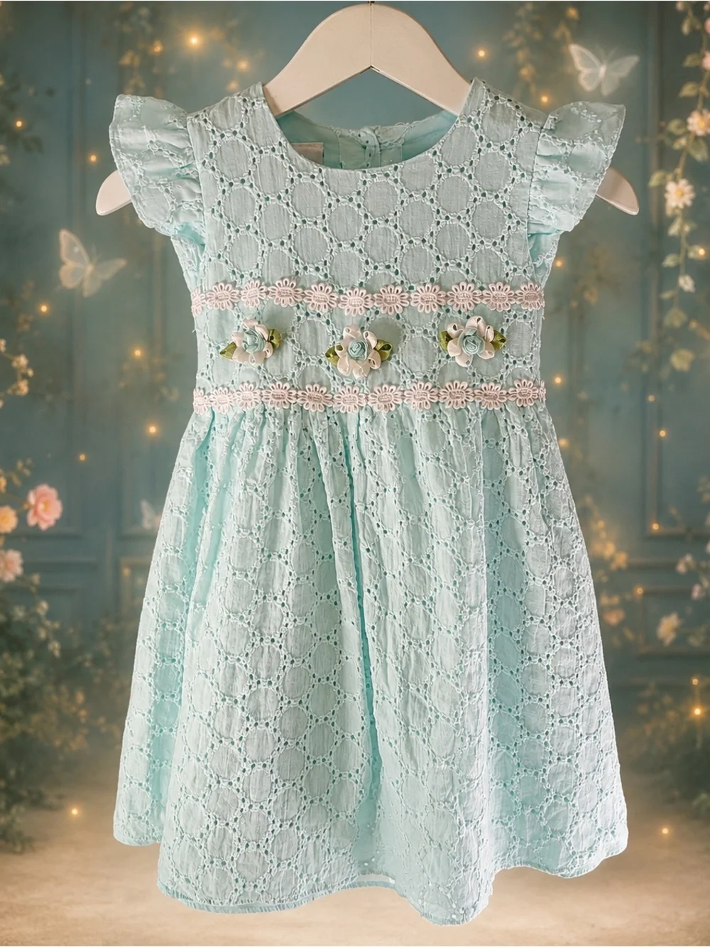 Iris & Ivy Girls 2T Mint Eyelet Rosette Flutter Sleeve Dress